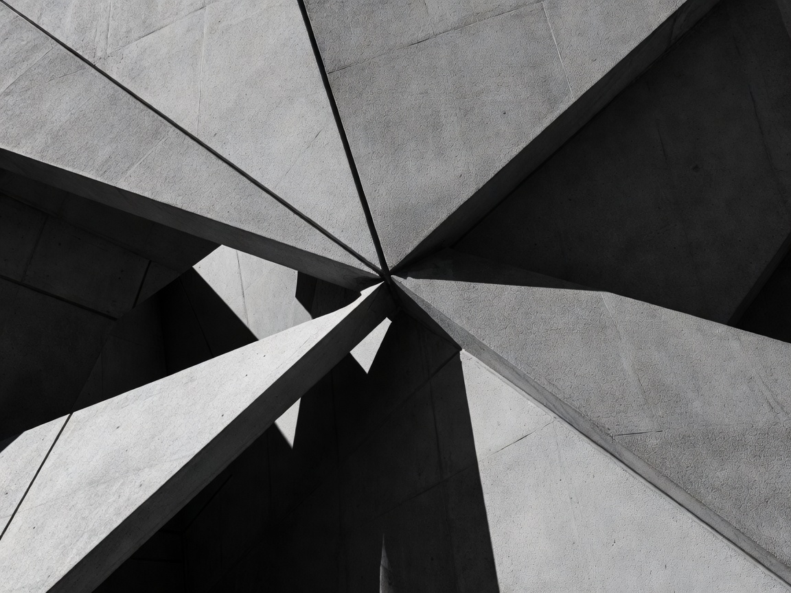 Abstract structural shadow geometric concrete architecture composition demonstrating sharp linear intersecting cuts and deep tone splits.