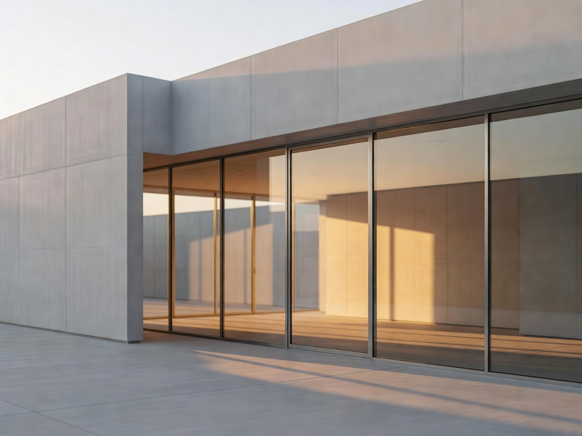 High-end modern architectural concrete and glass pavilion minimalist photography capturing clean linear planes catching an amber-tinted low sun reflection.