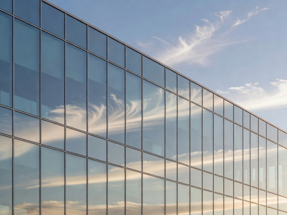 Modern commercial glass architectural framing mirroring clean cloud lines and surrounding sky elements.